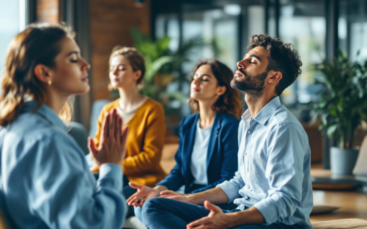 Équipe d'affaires diverse assise en cercle dans une salle de réunion moderne, yeux fermés et gestes respiratoires synchronisés, lumière naturelle volumétrique douce, ambiance calme et professionnelle.